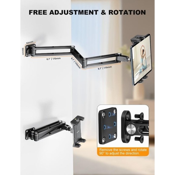 Aluminum Phone & Tablet Wall Mount Holder 360 Degree Adjustable Arm Clip - Picture 5 of 13